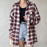 New Arrival Women Vintage Plaid Oversized Blouse Lantern Sleeve Turn Down Collar Autumn Shirts Button Up Casual Tops