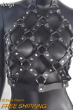Women Body Harness PU Leather 2 Piece Set Black Camis Punk Adjustable Garter Belt Hollow Out Weaved Belt Backless