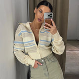 Fongt Sleeze-Colored Striped Knitted Zip-Up Collar Fashion Style Every Day Casual Coat Woman