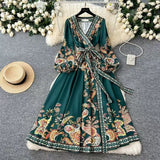 Fongt Court Retro Cross V Tie With Belt Lantern Sleeve Print Big Pendted Dress Woman 2025 Spring