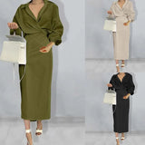 Fongt 2024 New Women's Wear Temperament Elegant Solid Color Long Sleeve Lapel Slim Dress