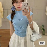 Fongt Pink Bow Short Sleeve Design Small T-Shirt Short Summer Slim Bottom Thin Sweet Spicy