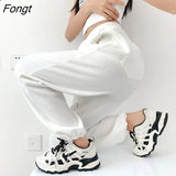 Korean White Blue Pants Women High Waist Loose Drawstring Harem Pants Casual Comfortable Female Sports Street Pants