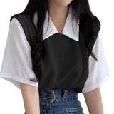Fongt Summer Polo Lapel Fake Two College Wind Contrast Color Short-Sleeved T-Shirt Women's Loose Casual Versatile Top