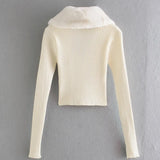 Temperament Short Knitted Solid V Neck Fur Collar Cardigan Single Buttons Long Sleeve Autumn Slim Sweater Knitted Cardigan