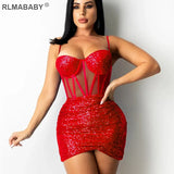 Night Club Party Sequin Mini Bodycon Dress Slim Low Neck Spaghetti Strap See Through Backless Women Blue Short Camis