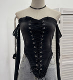 Fongt Sexy Tset Blouse Irregular Cowboy Splicing Mesh Yarn Tie With Short T-Shirt 6105