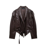 Fongt Homemade New Women's Fashionable Classic Neck With Belt Leather Coat