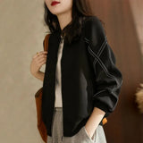 Fongt Sense Cross Strip Long Sleeve Jacket Standing Collar Baseball Uniform Women's Fall 2024 New Space Cotton Black Coat-Outfit