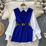 Light Luxury Ladies Dress Set Women's Loose Long-sleeved White Shirt Top + Slit Knitted Vest Vest Two-piece Set-Outfit