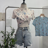Real Shooting Retro Tie-Dye Double-Layer Mesh Half-High-Neck Short-Sleeved T-Shirt T-Shirt Short-Sleeved T-Shirted Woman