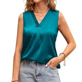 New Women's V-Collar Casual Satin Sleeveless Vest Shirt In Summer-Outfit