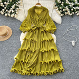 Fongt New Elegant Dress Spring Dress High-End Retro Collar Lantern Sleeves To Close Waist Lotus Leaves Side Pressure Skirt Dress Woman