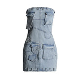 Fongt Fashion Fall 2024 New Multi-Bag Stitching Sexy Strapless Wrap Hip Short Denim Dress-Outfit