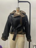 Fongt 2025 Women's Women's Women's Cozy Casual PU Lambs Solid Color Belt Jacket