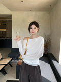Fongt Xixi 2025 Autumn New White Standard Temperament Slant Shoulder Solid Color Knit Shirt Long Sleeve Top Sweater Female 89527