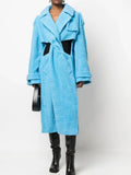 Fongt 2024 New Fashion Hollow Design Sense Kink Waist Show Thin Long Blue Plush Coat Female-Outfit