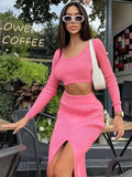 Knit Two Piece Women Sets O Neck Slim Top Ankle Length Side Split Skirt Streetwear Fall Lady Elegant Sexy Skirt
