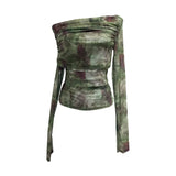 Fongt Tie-Dye-Print Mesh Folded Long-Sleeved T-Shirt With A Word-Collar Slanted Shoulder-To-Back Short Top 1183