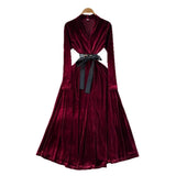 Fongt Light Luxury Famous Woman High-End Sense V Collar Long Sleeve Strap To Close The Waist Velvet Dress Women Autumn And Winter Lanky Dress