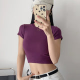 Trendy Women's Dress Slim And Show Thin Round Neck Short Style Navel Bottomed Blouse Net Version Of Solid Color Short-Sleeved T-Shirt-Outfit
