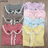 Women Preppy Style Sweet Lolita Blouses Cute Bow Lace Ruffles Plaid Shirt Gothic Girly Kawaii Long Sleeve Harajuku Blusas Mujer-Outfit
