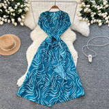 Fongt Summer New Small High-End Sense V-Neck Short-Sleeved Waist Irregular Open-Fork Print Dress Women's Long Dress