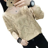 Fongt 2023 New Women's Loose V-Neck Hollowed-Out Thin Top Burst Sweater Knit Bottom Bat Shirt-Outfit