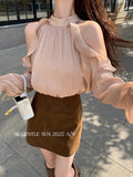 Fongt Xixi 2025 Autumn White Standard Korean Version Of The Temperament Lotus Leaf Side Chiffon Long-Sleeved Shirt Women Top Women 89505