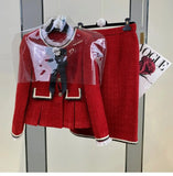Vintage Small Fragrance Tweed Two Piece Set Women Crop Top Woolen Short Jacket Coat + Mini Skirts Sets Sweet 2 Piece