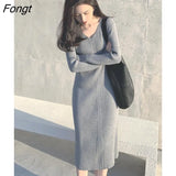 Knitted Dress, Women's Autumn and Winter Slim and Slim V-neck Sweater Bottoming Skirt Dress Eam Dress White