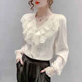 Fashion V-neck White Women's Long Sleeve Top Elegant Ruffle Stitching Blouse Casual Lace Vintage Chiffon Shirt Blusas