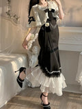 Sweet Two Piece Dress Suit Woman French Elegant Pretty Flower Kawaii Set Female Sexy Korean Fashion Lolita Dress Set