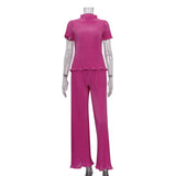 Fongt 2023 Summer New Thin T-Shirt High Waist Blue Pleated Floor Pants Casual Women's Fashion Suit-Outfit