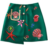 European Spring Summer Runway Fashion Skirt Women's High End Green Shell Print Pocket Beaded Pencil Skirt 703-0-Outfit