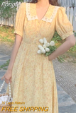 Summer Vintage Floral Dress Women Korean Elegant Sweet Cute Print Midi Dresses V-neck Lace French Holiday Cottagecore