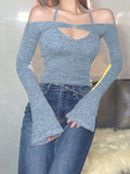 Top Women Long Sleeve T-Shirts 2 Piece Tops Halter Tanks Backless Crop Top Off Shoulder Tees Sexy Christmas
