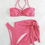 Sexy Bikini Swimsuit Three-Piece Yarn Dress Hanging Neck Solid Swimsuit Female
