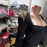 Stylish Black Diamond-Stuffed Casual Long-Sleeved Slender Bandage Long-Sighten Dress Evening