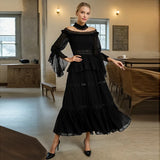 French Classical Wind Waist Thin Collar Dress 2025 New Splicing Lotus Edge Mesh Yarn Long Dress