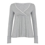 Fongt 2025 New Solid Color Base High-Rise A Swing Thin V Collar Pure Lust Lace Splicing Long-Sleeved T-Shirt New