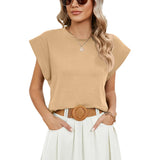 2024 New Round Collar Solid Color Shoulder-Inserted Sleeve Casual T-Shirt-Outfit