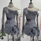 Fongt Tie Net Yarn Oblique Shoulder Babes Sexy Body-On-Sleeve Horn Irregular Top 9955