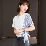 Women's T-shirt Fashion Top Casual T Shirt Splicing Tees Loose Satin O-Neck Short Sleeve Korean New Summer Female