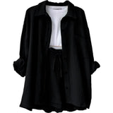 Fongt Women's Wrinkle Collar Long-Sleeved Shirt High-Waisted Rope Shorts Fashion Casual Two-Piece Set