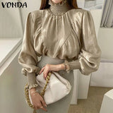 Elegant Turtleneck Blouse Casual Long Flare Sleeve Solid Color Tops 2022 VONDA Female Bohemian Blusas