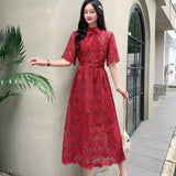 Fongt Retro High-End Squealing Hook Lace Dress Women's Summer Waist Thin Temperament A-Word Fairy Dress