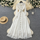 Fongt Wear Women's Dress 2025 New Retro Elegant Single-Drace Buckle Waist-Repair Temperament Lace Dress