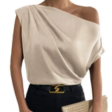 2024 Pure Satin Imitation Silk Irregular Sloping Shoulder Collar Sleeveless Shirt Women's Dress-Outfit