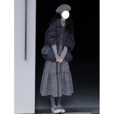 Fongt Retro Gray Flower Tart Half Skirt Girl Autumn And Winter Small Man High-Waisted A Word Umbrella Skirt Medium Long Skirt